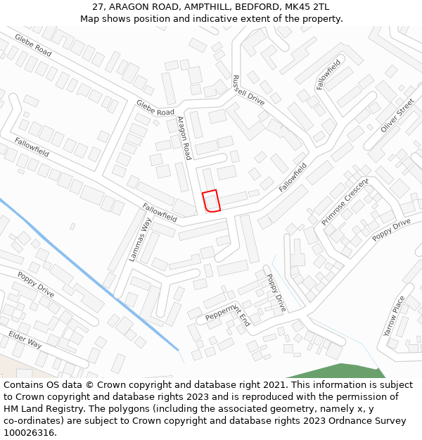 27, ARAGON ROAD, AMPTHILL, BEDFORD, MK45 2TL: Location map and indicative extent of plot