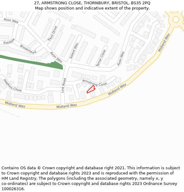 27, ARMSTRONG CLOSE, THORNBURY, BRISTOL, BS35 2PQ: Location map and indicative extent of plot