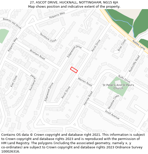 27, ASCOT DRIVE, HUCKNALL, NOTTINGHAM, NG15 6JA: Location map and indicative extent of plot