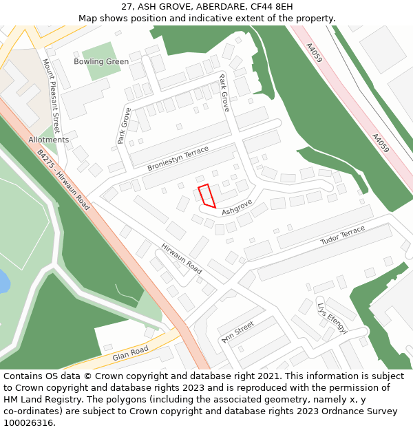 27, ASH GROVE, ABERDARE, CF44 8EH: Location map and indicative extent of plot