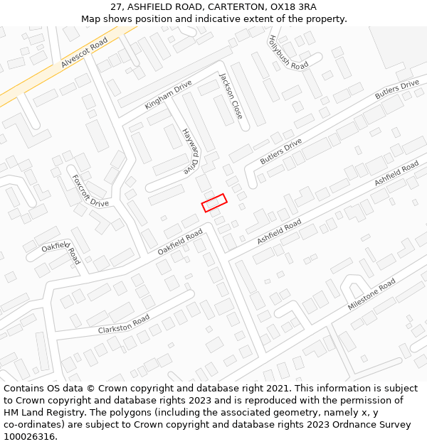 27, ASHFIELD ROAD, CARTERTON, OX18 3RA: Location map and indicative extent of plot