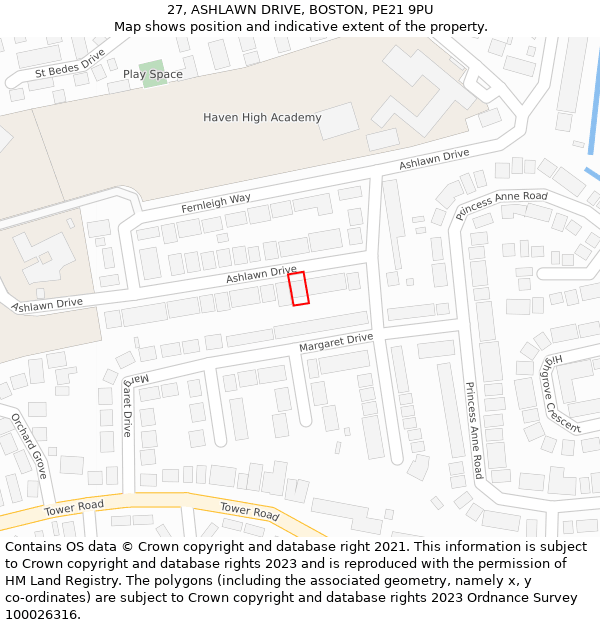 27, ASHLAWN DRIVE, BOSTON, PE21 9PU: Location map and indicative extent of plot