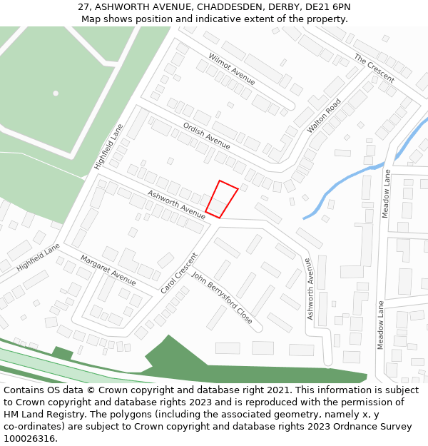 27, ASHWORTH AVENUE, CHADDESDEN, DERBY, DE21 6PN: Location map and indicative extent of plot