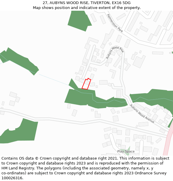 27, AUBYNS WOOD RISE, TIVERTON, EX16 5DG: Location map and indicative extent of plot