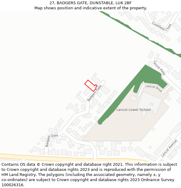 27, BADGERS GATE, DUNSTABLE, LU6 2BF: Location map and indicative extent of plot