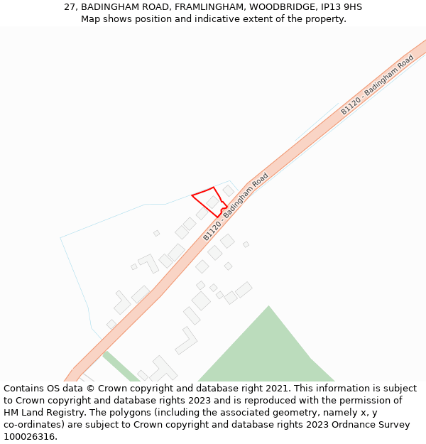 27, BADINGHAM ROAD, FRAMLINGHAM, WOODBRIDGE, IP13 9HS: Location map and indicative extent of plot