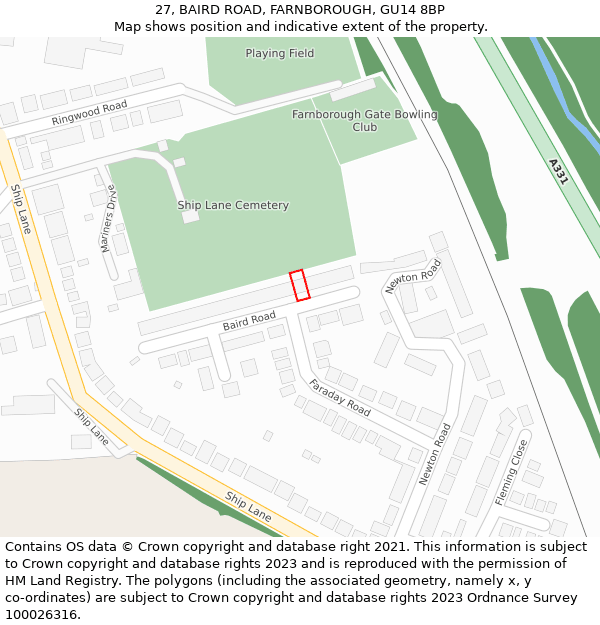 27, BAIRD ROAD, FARNBOROUGH, GU14 8BP: Location map and indicative extent of plot