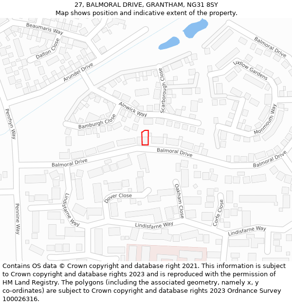 27, BALMORAL DRIVE, GRANTHAM, NG31 8SY: Location map and indicative extent of plot