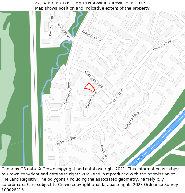 27, BARBER CLOSE, MAIDENBOWER, CRAWLEY, RH10 7LU: Location map and indicative extent of plot