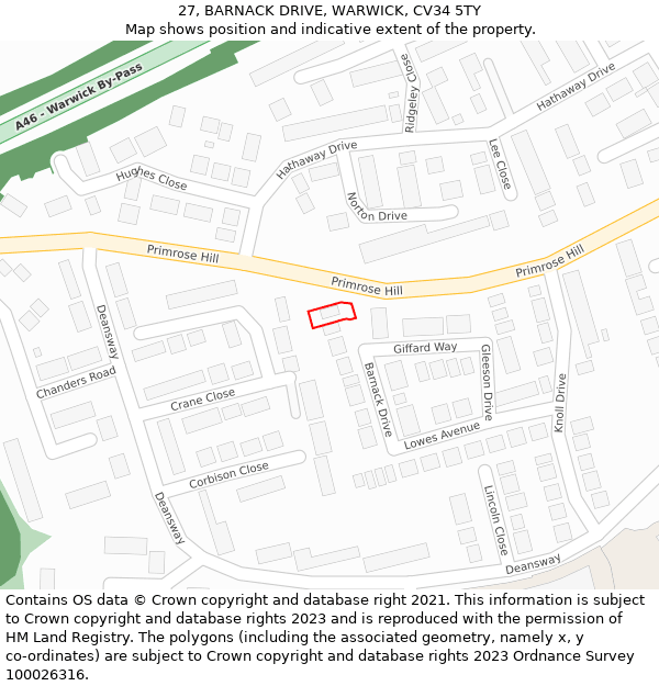 27, BARNACK DRIVE, WARWICK, CV34 5TY: Location map and indicative extent of plot