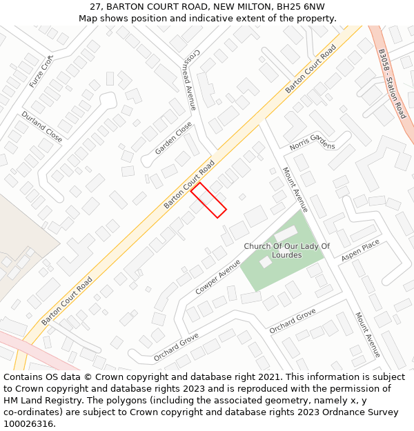 27, BARTON COURT ROAD, NEW MILTON, BH25 6NW: Location map and indicative extent of plot