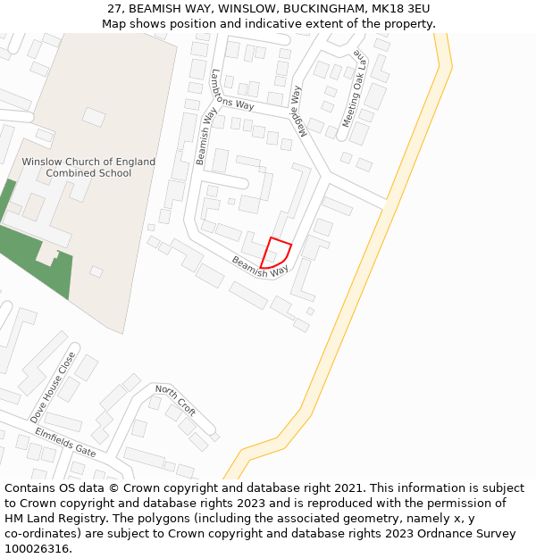 27, BEAMISH WAY, WINSLOW, BUCKINGHAM, MK18 3EU: Location map and indicative extent of plot