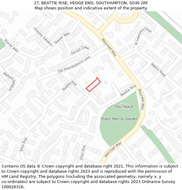 27, BEATTIE RISE, HEDGE END, SOUTHAMPTON, SO30 2RF: Location map and indicative extent of plot