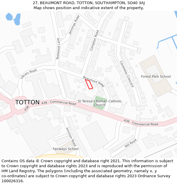 27, BEAUMONT ROAD, TOTTON, SOUTHAMPTON, SO40 3AJ: Location map and indicative extent of plot