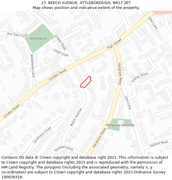 27, BEECH AVENUE, ATTLEBOROUGH, NR17 2ET: Location map and indicative extent of plot
