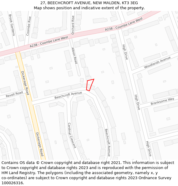 27, BEECHCROFT AVENUE, NEW MALDEN, KT3 3EG: Location map and indicative extent of plot