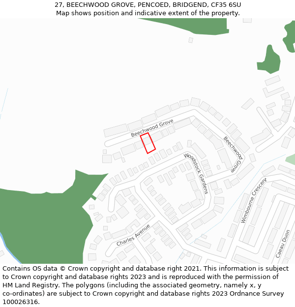 27, BEECHWOOD GROVE, PENCOED, BRIDGEND, CF35 6SU: Location map and indicative extent of plot