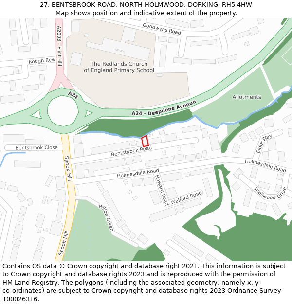 27, BENTSBROOK ROAD, NORTH HOLMWOOD, DORKING, RH5 4HW: Location map and indicative extent of plot