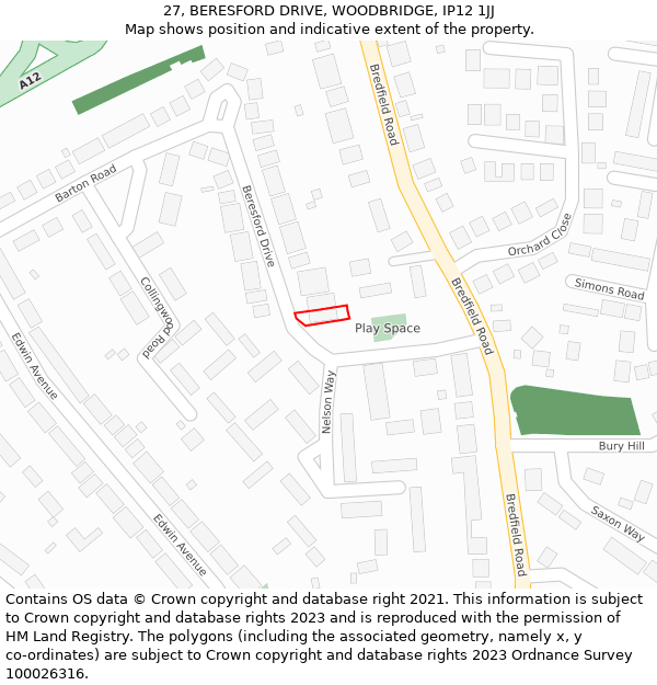 27, BERESFORD DRIVE, WOODBRIDGE, IP12 1JJ: Location map and indicative extent of plot