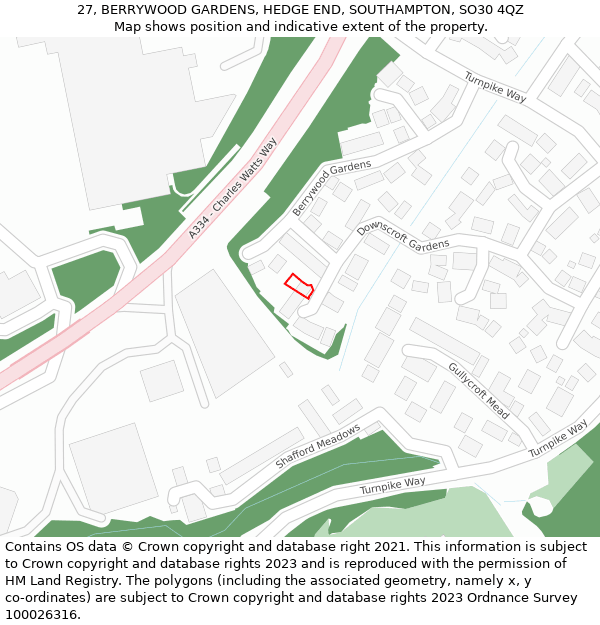 27, BERRYWOOD GARDENS, HEDGE END, SOUTHAMPTON, SO30 4QZ: Location map and indicative extent of plot