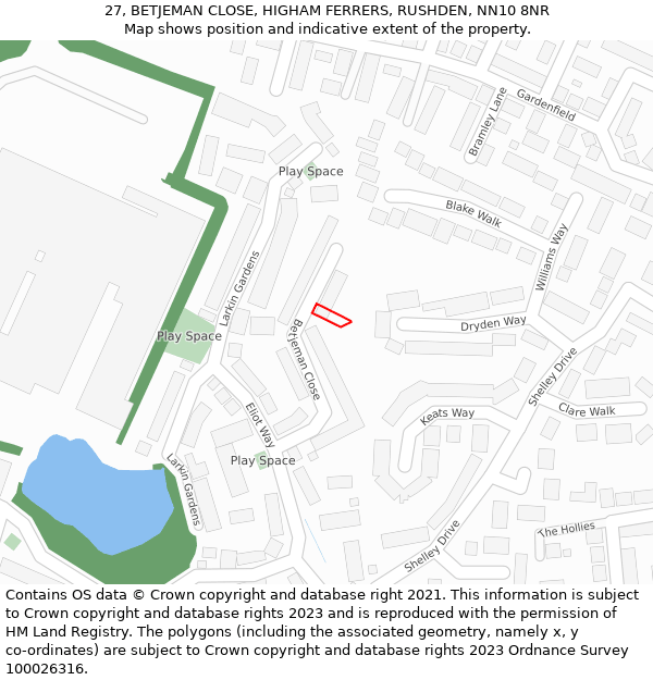 27, BETJEMAN CLOSE, HIGHAM FERRERS, RUSHDEN, NN10 8NR: Location map and indicative extent of plot