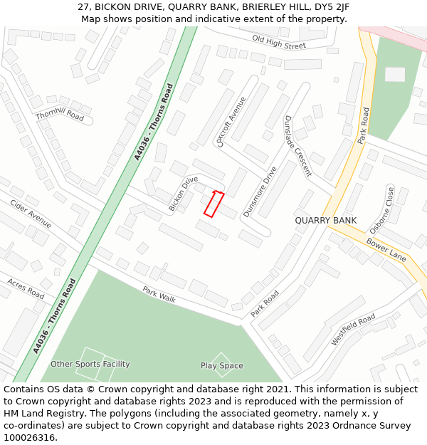 27, BICKON DRIVE, QUARRY BANK, BRIERLEY HILL, DY5 2JF: Location map and indicative extent of plot