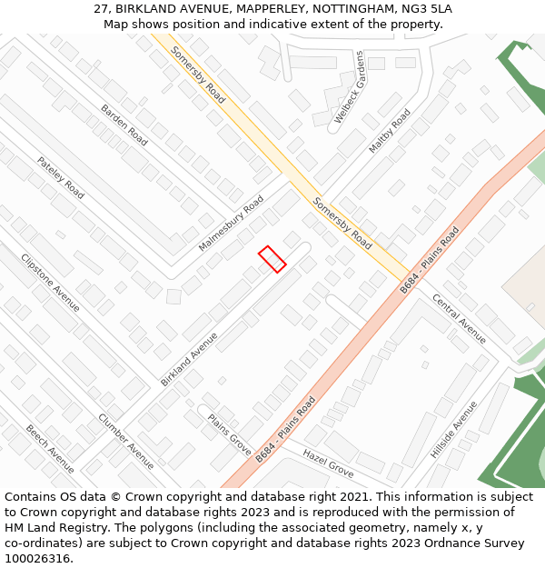 27, BIRKLAND AVENUE, MAPPERLEY, NOTTINGHAM, NG3 5LA: Location map and indicative extent of plot