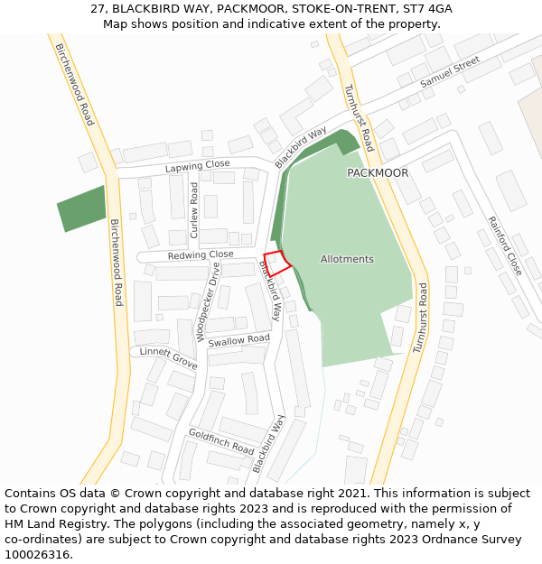 27, BLACKBIRD WAY, PACKMOOR, STOKE-ON-TRENT, ST7 4GA: Location map and indicative extent of plot