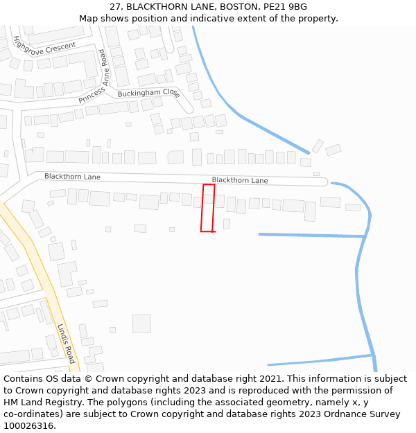 27, BLACKTHORN LANE, BOSTON, PE21 9BG: Location map and indicative extent of plot