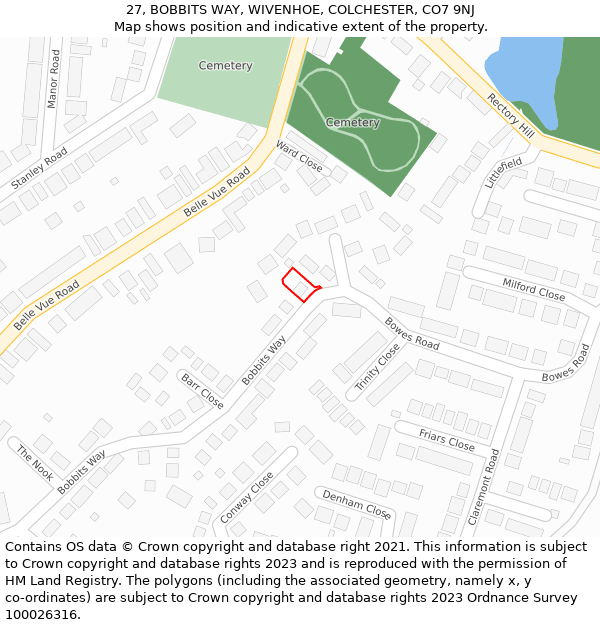 27, BOBBITS WAY, WIVENHOE, COLCHESTER, CO7 9NJ: Location map and indicative extent of plot