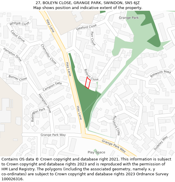 27, BOLEYN CLOSE, GRANGE PARK, SWINDON, SN5 6JZ: Location map and indicative extent of plot