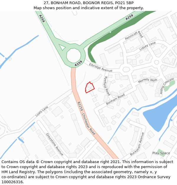 27, BONHAM ROAD, BOGNOR REGIS, PO21 5BP: Location map and indicative extent of plot