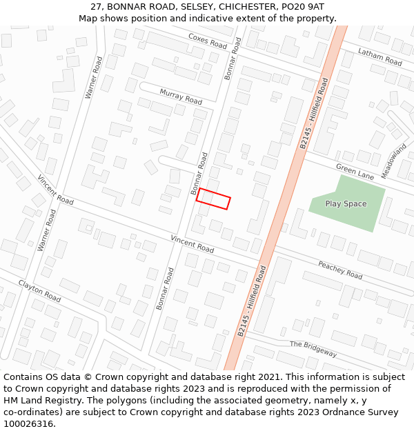 27, BONNAR ROAD, SELSEY, CHICHESTER, PO20 9AT: Location map and indicative extent of plot