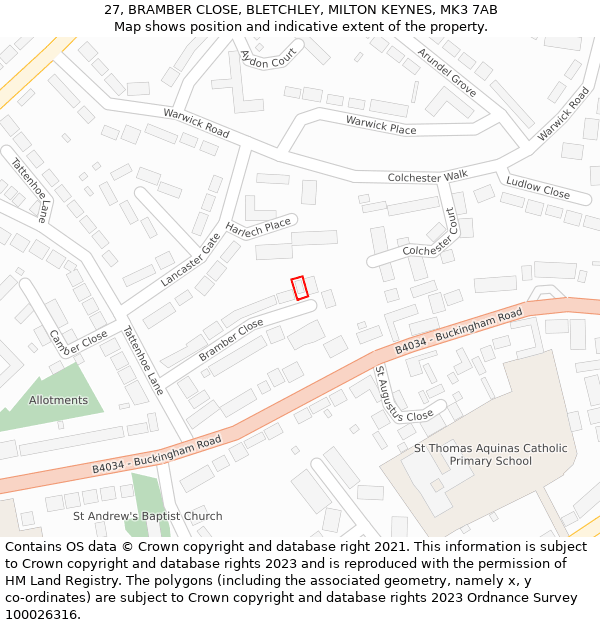 27, BRAMBER CLOSE, BLETCHLEY, MILTON KEYNES, MK3 7AB: Location map and indicative extent of plot