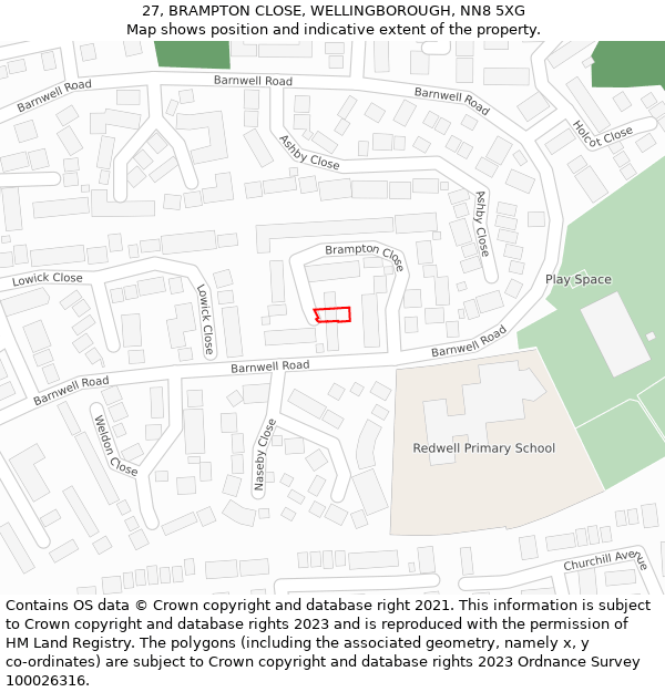 27, BRAMPTON CLOSE, WELLINGBOROUGH, NN8 5XG: Location map and indicative extent of plot