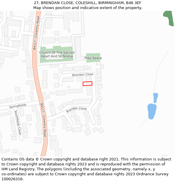 27, BRENDAN CLOSE, COLESHILL, BIRMINGHAM, B46 3EF: Location map and indicative extent of plot