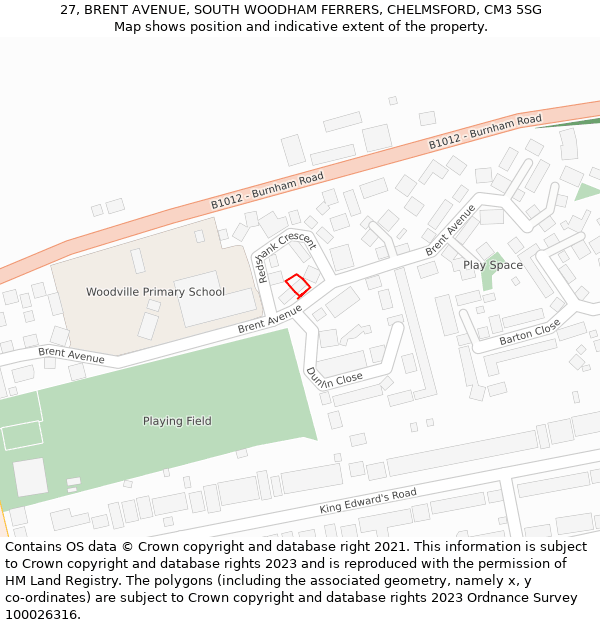 27, BRENT AVENUE, SOUTH WOODHAM FERRERS, CHELMSFORD, CM3 5SG: Location map and indicative extent of plot