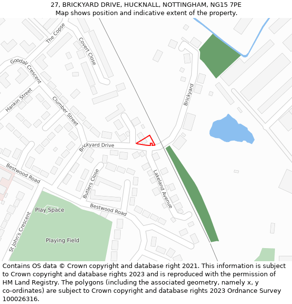 27, BRICKYARD DRIVE, HUCKNALL, NOTTINGHAM, NG15 7PE: Location map and indicative extent of plot