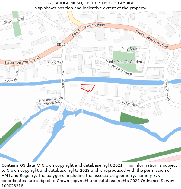 27, BRIDGE MEAD, EBLEY, STROUD, GL5 4BP: Location map and indicative extent of plot