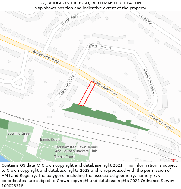 27, BRIDGEWATER ROAD, BERKHAMSTED, HP4 1HN: Location map and indicative extent of plot