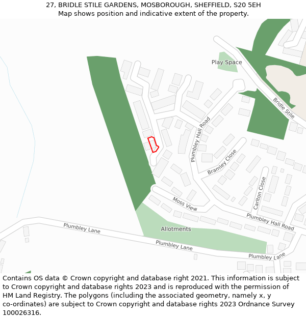 27, BRIDLE STILE GARDENS, MOSBOROUGH, SHEFFIELD, S20 5EH: Location map and indicative extent of plot