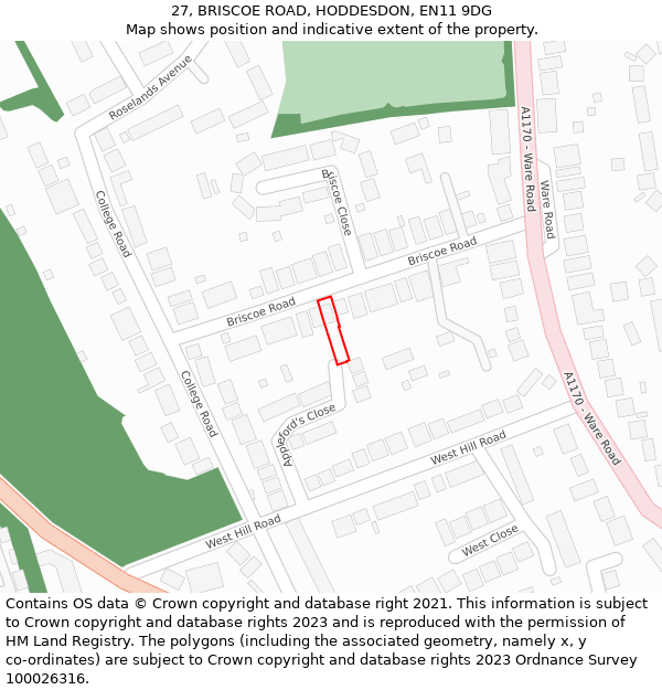 27, BRISCOE ROAD, HODDESDON, EN11 9DG: Location map and indicative extent of plot