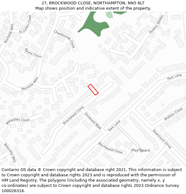 27, BROCKWOOD CLOSE, NORTHAMPTON, NN5 6LT: Location map and indicative extent of plot