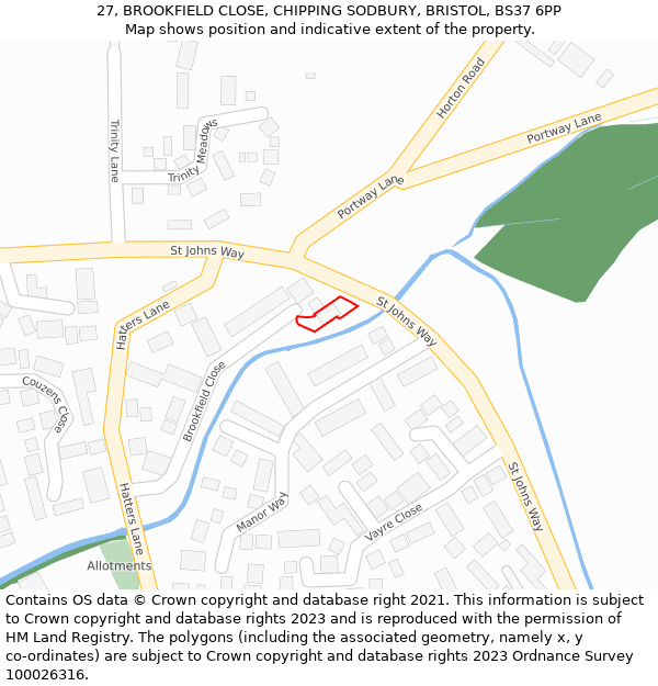 27, BROOKFIELD CLOSE, CHIPPING SODBURY, BRISTOL, BS37 6PP: Location map and indicative extent of plot