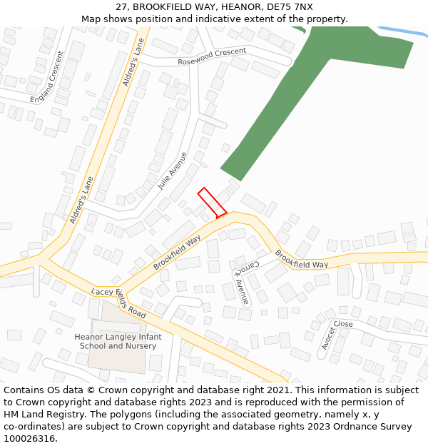 27, BROOKFIELD WAY, HEANOR, DE75 7NX: Location map and indicative extent of plot