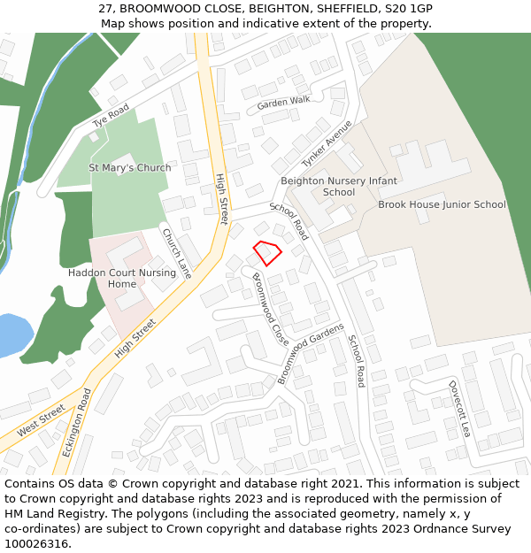 27, BROOMWOOD CLOSE, BEIGHTON, SHEFFIELD, S20 1GP: Location map and indicative extent of plot