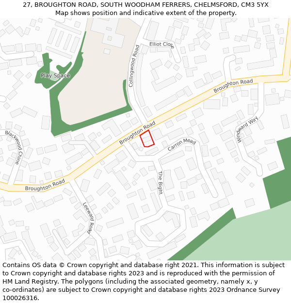 27, BROUGHTON ROAD, SOUTH WOODHAM FERRERS, CHELMSFORD, CM3 5YX: Location map and indicative extent of plot