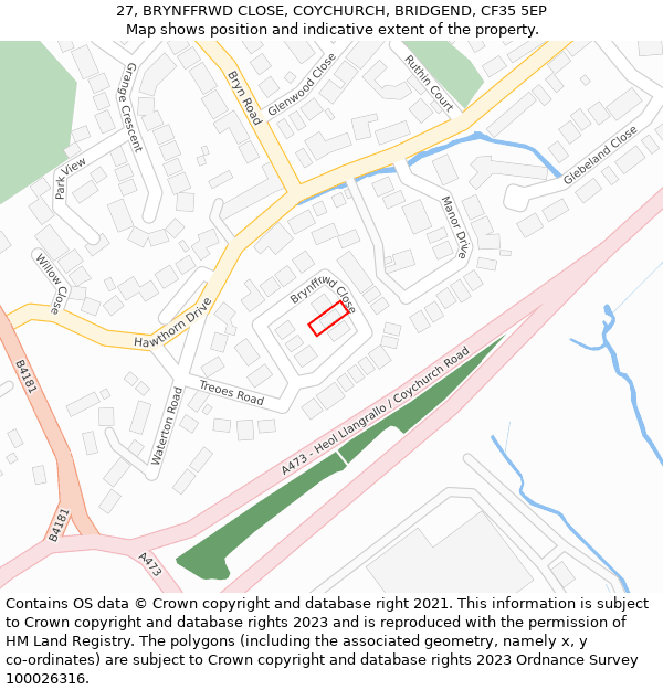27, BRYNFFRWD CLOSE, COYCHURCH, BRIDGEND, CF35 5EP: Location map and indicative extent of plot