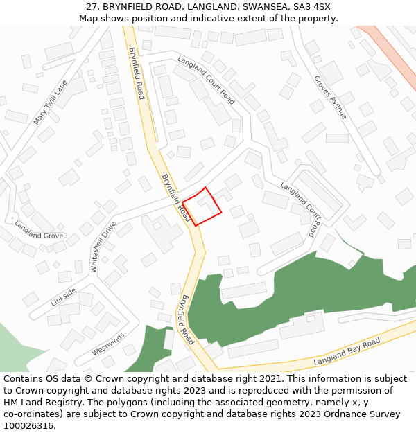 27, BRYNFIELD ROAD, LANGLAND, SWANSEA, SA3 4SX: Location map and indicative extent of plot