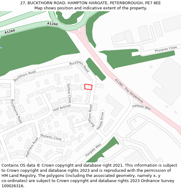 27, BUCKTHORN ROAD, HAMPTON HARGATE, PETERBOROUGH, PE7 8EE: Location map and indicative extent of plot